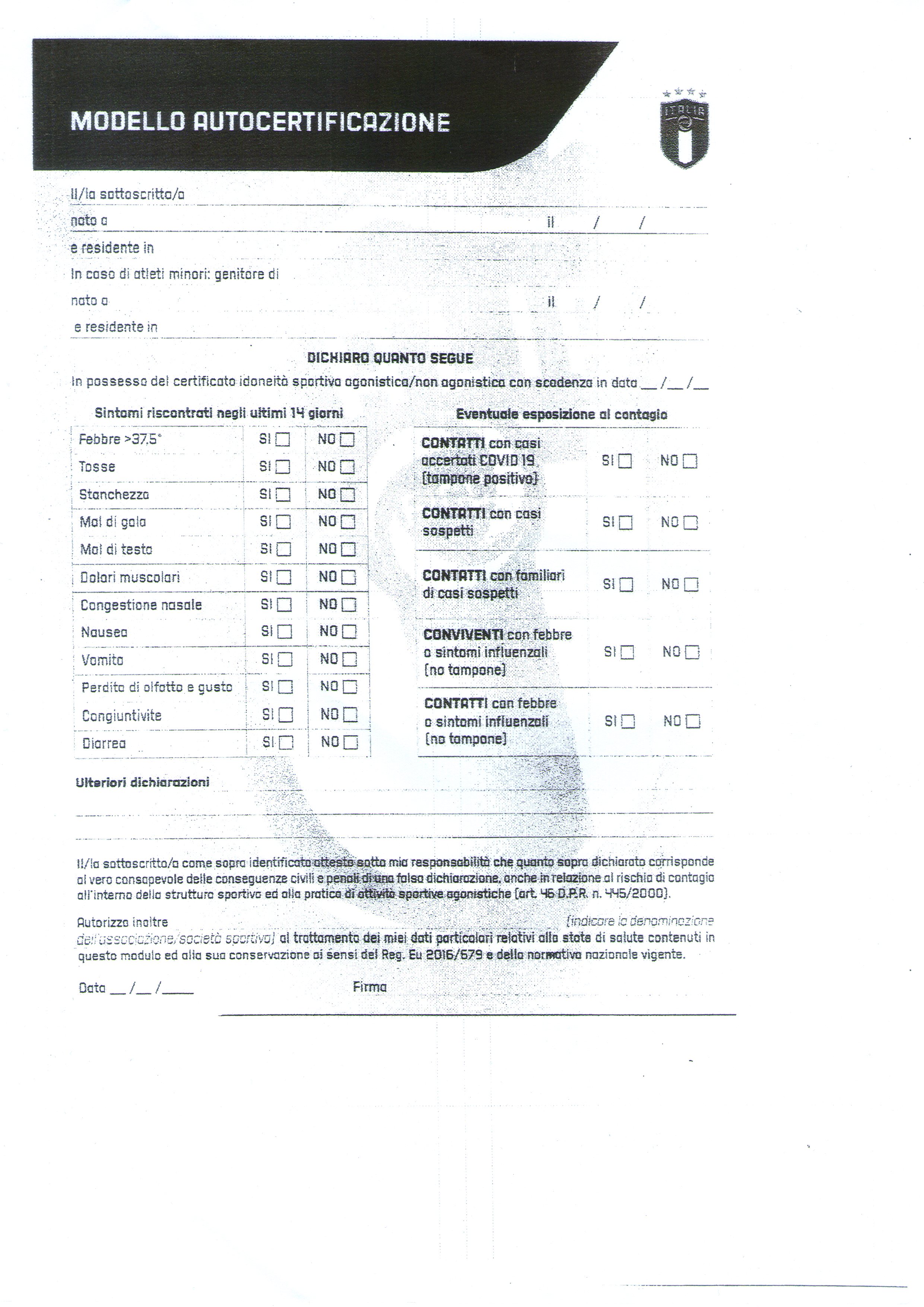 Autocertificazione allenamenti e patto di responsabilità reciproca